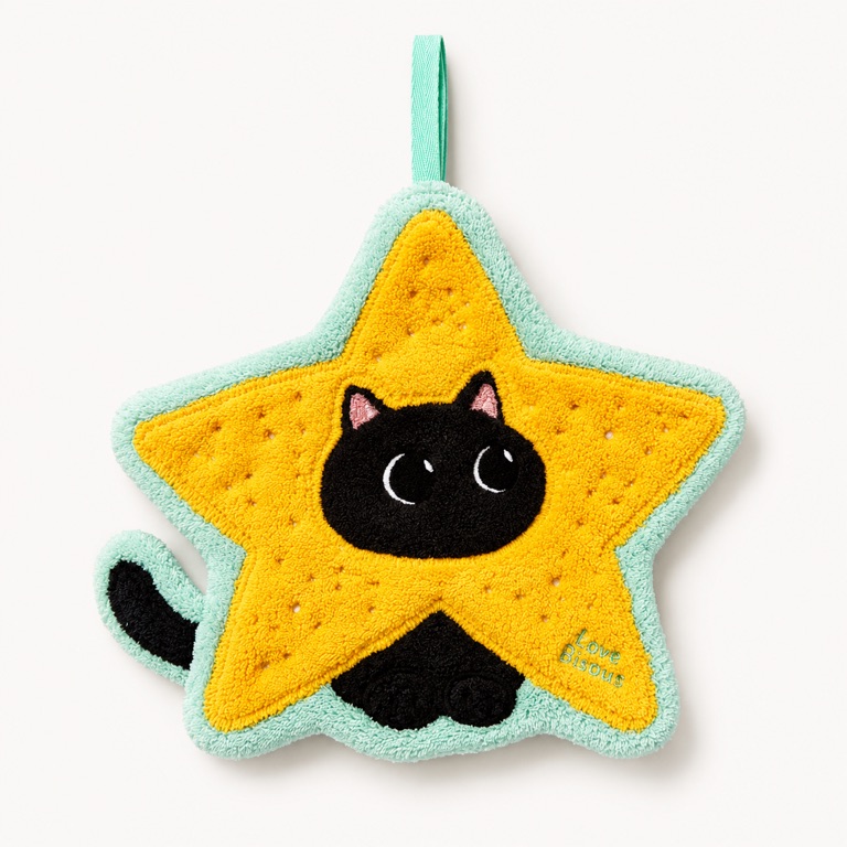 CouCou black cat character peeking through a yellow star-shaped towel with mint trim.