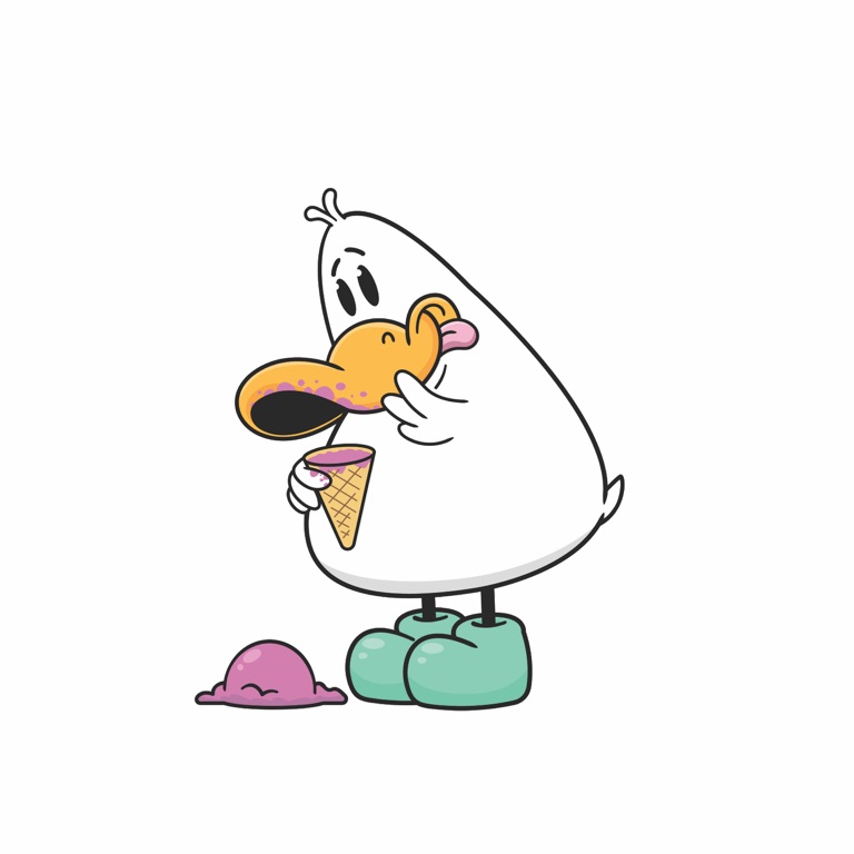 Little Duck character with a white body, yellow beak, thin black legs and mint-green boots.