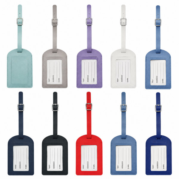 PU leather luggage tags in assorted colours and styles