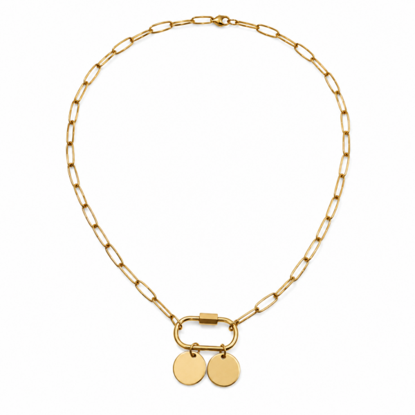 Gold-tone carabiner necklace with two round discs